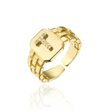 New Trendy Gold Color Initial Ring For Women Girl AAA+ Cubic Zirconia A-Z Watchband Square Letter Open Ring Female Jewelry Gift daiiibabyyy