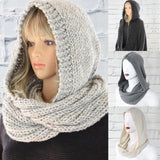 Women Winter Crochet Knit Hood Infinity Scarf Outdoor Windproof Warm Long Shawl Wrap Solid Color Earflap Hat Neck Warmer daiiibabyyy