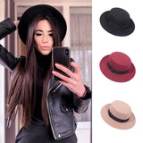 Autumn Winter Wool Boater Flat Top Hat For Women's Felt Wide Brim Fedora Hat Jazz Cap Classic Bowler Gambler Top Hat daiiibabyyy