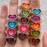 New Ins Creative Cute Colorful Double Layer Love Heart Ring Vintage Drop Oil Metal Heart Rings For Women Girls Fashion Jewelry daiiibabyyy
