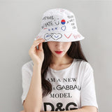 New Kpop Bucket Hat Women Embroidery Letters Double Side Cotton Reversible Sun Protection Cap Men's Panama Hat Fisherman Hats daiiibabyyy