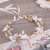 FORSEVEN Gold Leaf Daisy Flower Headband Bridal Tiaras Hair Jewelry Ribbon Wreath Pearl Headpiece Wedding Bride Hair Accessories daiiibabyyy