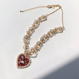 HUANZHI Vintage Sweet Choker Weave Pearls Choker Red Heart Colorful Beaded Irregular Flowers Rhinestone Necklace for Women daiiibabyyy