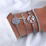 FNIO 4Pcs/Set Geometric Crystal Charm Bracelets for Women Gold Leaf Bangles Bracelets Set Simple Wrist Chain Lady Boho Bracelet daiiibabyyy