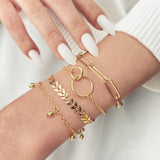 FNIO 4Pcs/Set Geometric Crystal Charm Bracelets for Women Gold Leaf Bangles Bracelets Set Simple Wrist Chain Lady Boho Bracelet daiiibabyyy