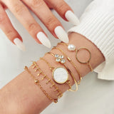 FNIO 4Pcs/Set Geometric Crystal Charm Bracelets for Women Gold Leaf Bangles Bracelets Set Simple Wrist Chain Lady Boho Bracelet daiiibabyyy