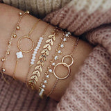 FNIO 4Pcs/Set Geometric Crystal Charm Bracelets for Women Gold Leaf Bangles Bracelets Set Simple Wrist Chain Lady Boho Bracelet daiiibabyyy