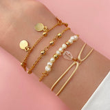 FNIO 4Pcs/Set Geometric Crystal Charm Bracelets for Women Gold Leaf Bangles Bracelets Set Simple Wrist Chain Lady Boho Bracelet daiiibabyyy