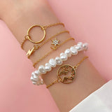 FNIO 4Pcs/Set Geometric Crystal Charm Bracelets for Women Gold Leaf Bangles Bracelets Set Simple Wrist Chain Lady Boho Bracelet daiiibabyyy
