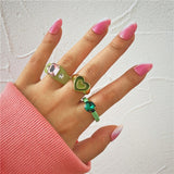 17KM Vintage Golden Heart Rings Set for Women Fashion Pink Green Color Resin Flower Love Heart Ring  Jewelry daiiibabyyy
