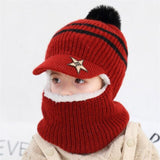Knit Short Plush Hooded Scarf Kids Hat And Scarf Child Winter Warm Protection Ear Pom Pom Cap Scarves Girls Boy Accessories daiiibabyyy
