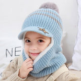 Knit Short Plush Hooded Scarf Kids Hat And Scarf Child Winter Warm Protection Ear Pom Pom Cap Scarves Girls Boy Accessories daiiibabyyy