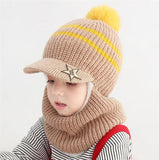 Knit Short Plush Hooded Scarf Kids Hat And Scarf Child Winter Warm Protection Ear Pom Pom Cap Scarves Girls Boy Accessories daiiibabyyy