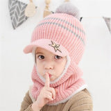 Knit Short Plush Hooded Scarf Kids Hat And Scarf Child Winter Warm Protection Ear Pom Pom Cap Scarves Girls Boy Accessories daiiibabyyy
