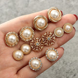 Vintage Rhinestone Geometric Flower Hollow Out Stud Earrings Set For Women Girls Fashion Imitation Pearl Shell Small Earrings daiiibabyyy