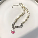 HUANZHI Vintage Sweet Choker Weave Pearls Choker Red Heart Colorful Beaded Irregular Flowers Rhinestone Necklace for Women daiiibabyyy