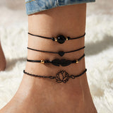 4pcs New Black Feather Lotus Anklets For Women Fashion Heart Charm Boho Bangles for Women Wrist Chain Bracelets Party Jewelry