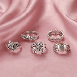 6Pcs Vintage Gothic Butterfly Angle Flower Multi Element Ring Set For Women Men Retro Personality Finger Ring Gifts daiiibabyyy