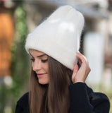 simple Girl Rabbit fur Knitted Hat for Women Winter  Skullies Beanie Warm wool Cap Gorros Female Cap daiiibabyyy