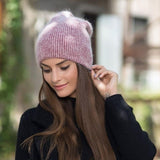 simple Girl Rabbit fur Knitted Hat for Women Winter  Skullies Beanie Warm wool Cap Gorros Female Cap daiiibabyyy