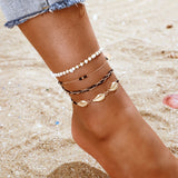 Docona Bohemia Gold Shell White Beaded Multilayer Anklet for Women Tassel Knitted Anklet Bracelet Set Foot Party Jewelry 8408 daiiibabyyy