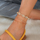 Docona Bohemia Gold Shell White Beaded Multilayer Anklet for Women Tassel Knitted Anklet Bracelet Set Foot Party Jewelry 8408 daiiibabyyy