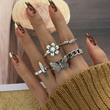 6Pcs Vintage Gothic Butterfly Angle Flower Multi Element Ring Set For Women Men Retro Personality Finger Ring Gifts daiiibabyyy