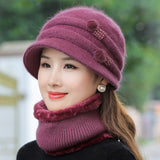 New Women Winter Hat Keep Warm Cap Add Fur Lined Hat & Scarf Warm Set Fashion Hat For Women Casual Rabbit Fur Knitted Bucket Hat daiiibabyyy