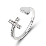 1PC Silver Color Alloy Cross Heart Rhinestone Mosaic Opening Ring Simple Round Single Row Zircon Rings Fashion Party Jewelry daiiibabyyy