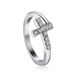 1PC Silver Color Alloy Cross Heart Rhinestone Mosaic Opening Ring Simple Round Single Row Zircon Rings Fashion Party Jewelry daiiibabyyy
