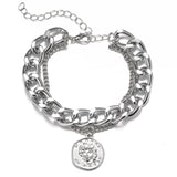 Punk Women Silver Color Thick Chain Charm Bracelet Fashion Cross Love Heart Bear Metal Pendant Bracelet Fashion Jewelry Gift daiiibabyyy