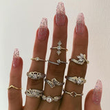 8pcs/sets Bohemian Geometric Rings Sets Clear Crystal Stone Gold Chain Opening Rings For Women Jewelry Accessories Gifts daiiibabyyy