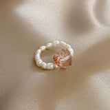 Korean Fashion Elastic Rope Pearl Beads Ring Elegant Simple Female Heart-shaped Gold Ring Charming Women Party Jewelry Girl Gift daiiibabyyy