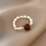 Korean Fashion Elastic Rope Pearl Beads Ring Elegant Simple Female Heart-shaped Gold Ring Charming Women Party Jewelry Girl Gift daiiibabyyy