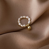 Korean Fashion Elastic Rope Pearl Beads Ring Elegant Simple Female Heart-shaped Gold Ring Charming Women Party Jewelry Girl Gift daiiibabyyy