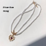HUANZHI Vintage Sweet Choker Weave Pearls Choker Red Heart Colorful Beaded Irregular Flowers Rhinestone Necklace for Women daiiibabyyy