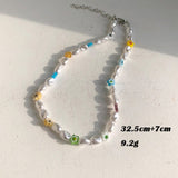 HUANZHI Vintage Sweet Choker Weave Pearls Choker Red Heart Colorful Beaded Irregular Flowers Rhinestone Necklace for Women daiiibabyyy