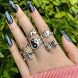 6Pcs Vintage Gothic Butterfly Angle Flower Multi Element Ring Set For Women Men Retro Personality Finger Ring Gifts daiiibabyyy