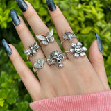 6Pcs Vintage Gothic Butterfly Angle Flower Multi Element Ring Set For Women Men Retro Personality Finger Ring Gifts daiiibabyyy