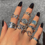 Hiphop Flower Butterfly Rings Set for Women Men Retro Punk Silver Plated Heart Chain Finger Ring Jewelry daiiibabyyy