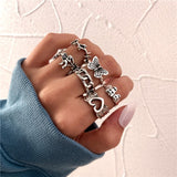 Hiphop Flower Butterfly Rings Set for Women Men Retro Punk Silver Plated Heart Chain Finger Ring Jewelry daiiibabyyy