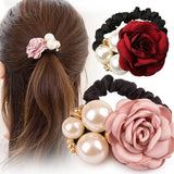 Fashionable Big Pearl Rose Hairband Handmade Camellia Tied Hair Rope Headdress Woman Girls Hair Accessories daiiibabyyy