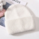 Winter Real Rabbit Fur Knitted Beanies For Women Fashion Solid Warm Cashmere Wool Skullies Beanies Female Three Fold Thick Hats daiiibabyyy