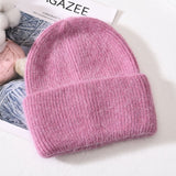 Winter Real Rabbit Fur Knitted Beanies For Women Fashion Solid Warm Cashmere Wool Skullies Beanies Female Three Fold Thick Hats daiiibabyyy