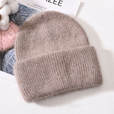 Winter Real Rabbit Fur Knitted Beanies For Women Fashion Solid Warm Cashmere Wool Skullies Beanies Female Three Fold Thick Hats daiiibabyyy