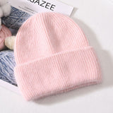 Winter Real Rabbit Fur Knitted Beanies For Women Fashion Solid Warm Cashmere Wool Skullies Beanies Female Three Fold Thick Hats daiiibabyyy