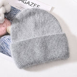 Winter Real Rabbit Fur Knitted Beanies For Women Fashion Solid Warm Cashmere Wool Skullies Beanies Female Three Fold Thick Hats daiiibabyyy