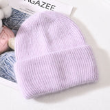 Winter Real Rabbit Fur Knitted Beanies For Women Fashion Solid Warm Cashmere Wool Skullies Beanies Female Three Fold Thick Hats daiiibabyyy