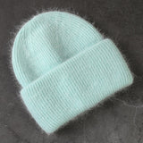 Winter Real Rabbit Fur Knitted Beanies For Women Fashion Solid Warm Cashmere Wool Skullies Beanies Female Three Fold Thick Hats daiiibabyyy