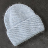Winter Real Rabbit Fur Knitted Beanies For Women Fashion Solid Warm Cashmere Wool Skullies Beanies Female Three Fold Thick Hats daiiibabyyy